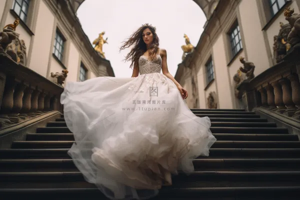 落跑新娘白色婚纱教堂楼梯摄影图