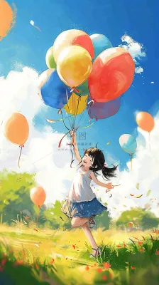 一个可爱的小女孩手里牵着彩色气球在草地上奔跑夏天,儿童节 一个可爱的小女孩手里牵着彩色气球在草地上奔跑夏天,儿童节