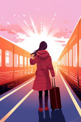 中国传统节日春节除夕春运赶火车回家团聚的人物插画海报背景