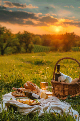 下午茶草坪野餐红酒夕阳浪漫春分唯美摄影图