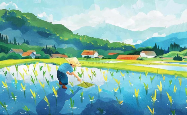 水彩手绘谷雨农夫插秧小满芒种蓝色清新背景插画