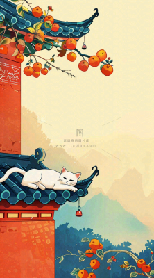 秋天红色宫墙上的白猫柿子树国风插画立秋秋分背景