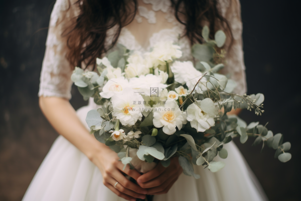白婚纱新娘手拿手捧花摄影图