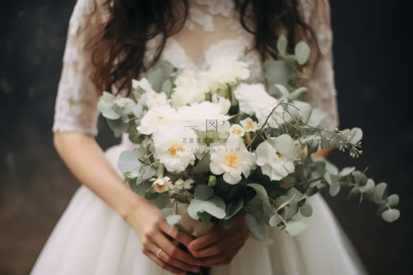 白婚纱新娘手拿手捧花摄影图