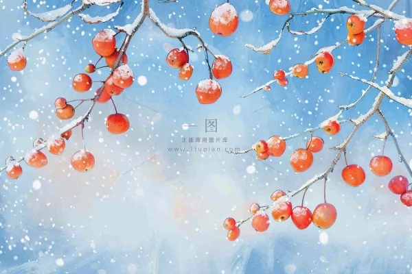冬天白雪覆盖的红色果实白霜霜降小雪大雪水彩插画背景