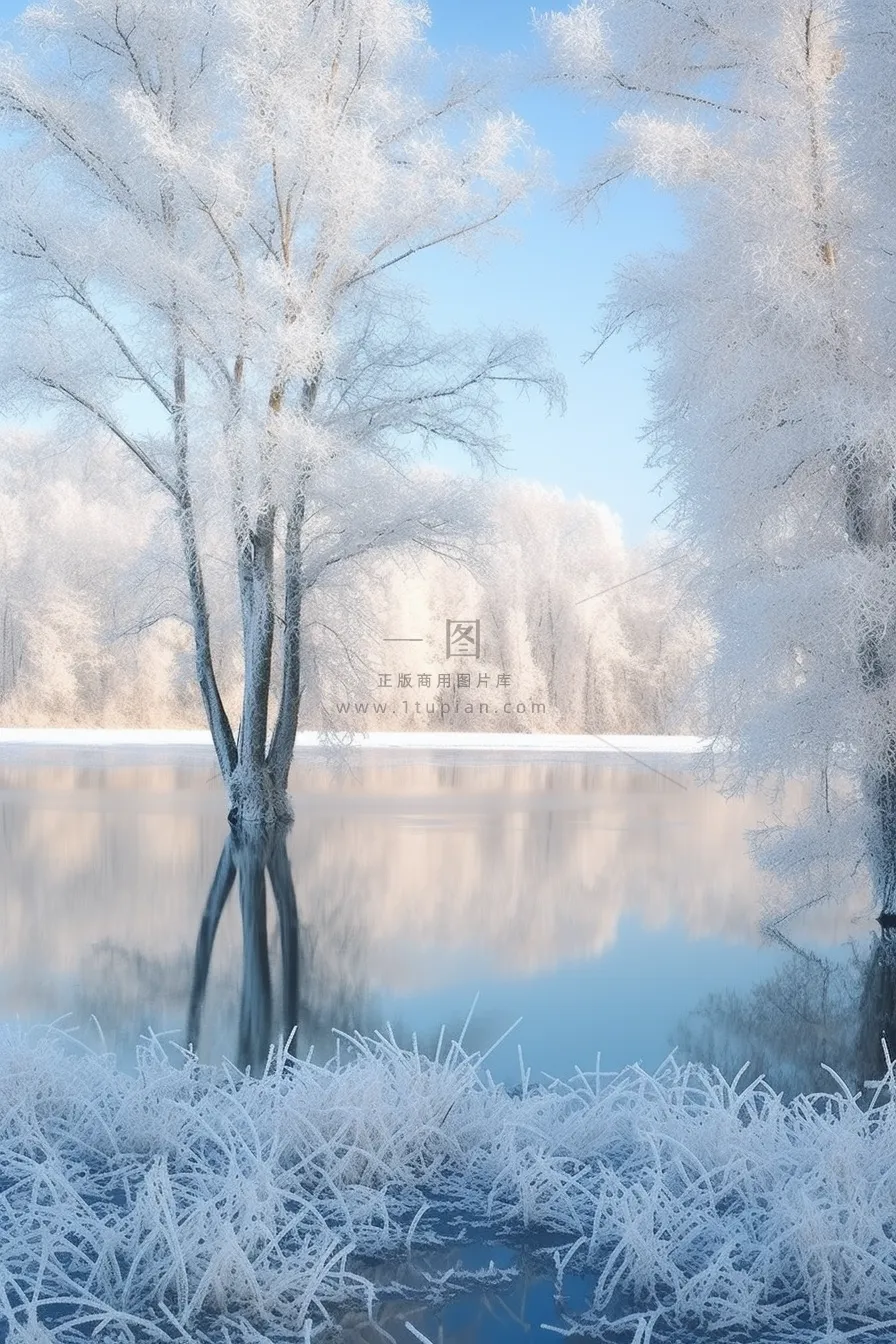 冬天雪景湖边的树木摄影图