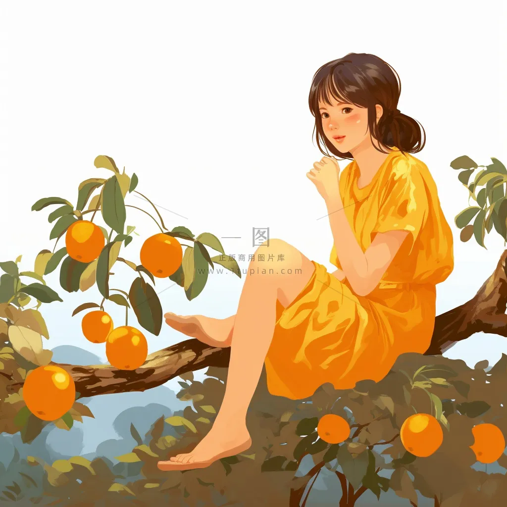 女孩坐着橘子柿子树上摘果子插画素材背景