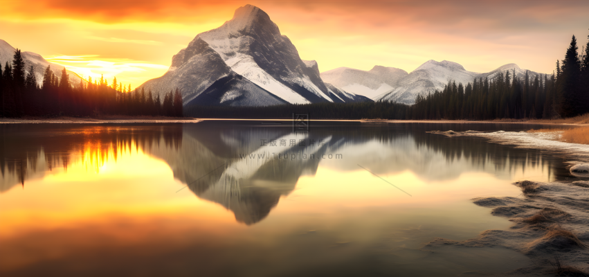 湖泊倒映着远处的山峰湖泊旁边有很多树林摄影图