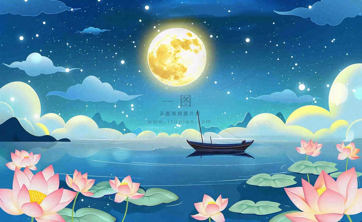 中秋夜晚赏月荷花山水河流中的帆船舟月亮倒映水面中元节寒露插画背景