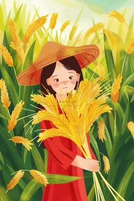 丰收季女孩抱着麦穗金黄的小麦稻穗农田芒种小满秋分立秋卡通插画背景