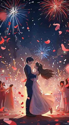 浪漫情人节爱心爱情夜晚烟花，跳舞插画