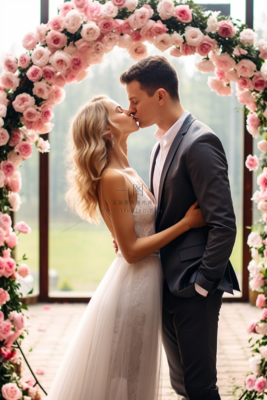 婚礼亲吻的新婚夫妇鲜花玫瑰花拱桥摄影图