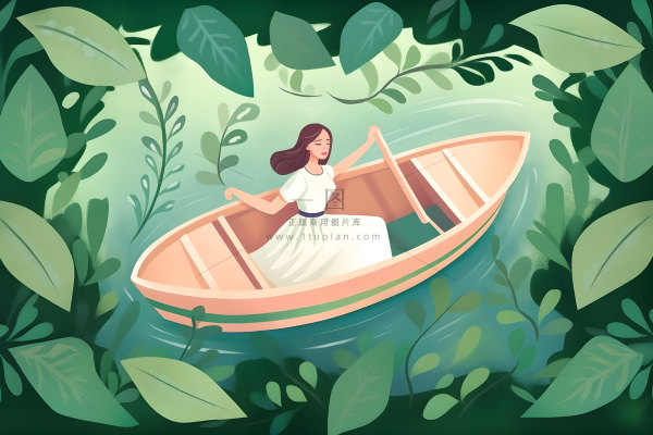 湖面划船睡莲湖水绿叶芦苇插画背景 湖面划船睡莲湖水绿叶芦苇插画背景