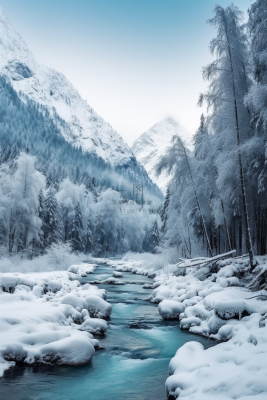 新疆冬季结冰下雪河流风景摄影图