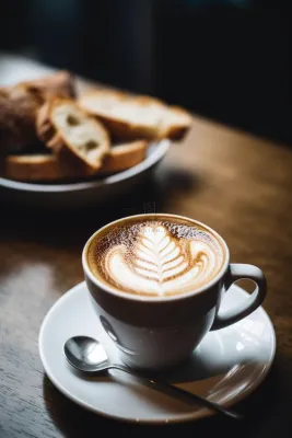 下午茶咖啡拉花面包牛角包摄影图