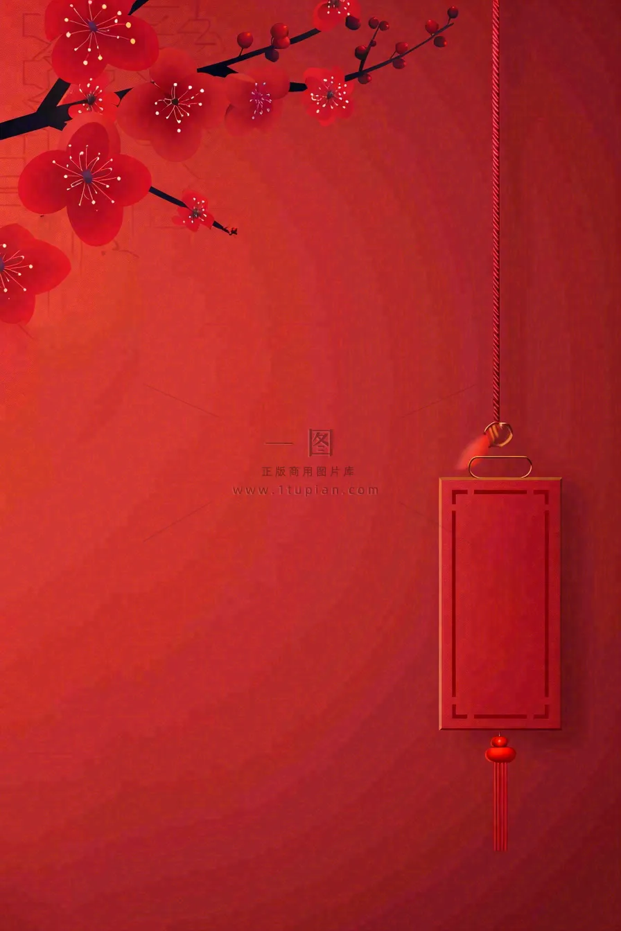红色国风背景梅花花朵插画元旦背景