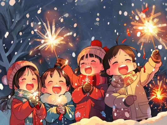 孩童儿童一起放烟花场景开心热闹庆祝新年春节小年除夕夜卡通插画背景 孩童儿童一起放烟花场景开心热闹庆祝新年春节小年除夕夜卡通插画背景