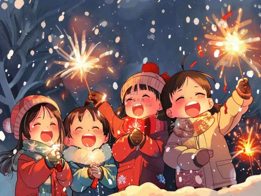 孩童儿童一起放烟花场景开心热闹庆祝新年春节小年除夕夜卡通插画背景 孩童儿童一起放烟花场景开心热闹庆祝新年春节小年除夕夜卡通插画背景