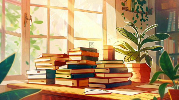 世界读书日窗前书桌书本绿植卡通插画背景 世界读书日窗前书桌书本绿植卡通插画背景