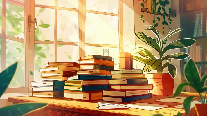 世界读书日窗前书桌书本绿植卡通插画背景 世界读书日窗前书桌书本绿植卡通插画背景