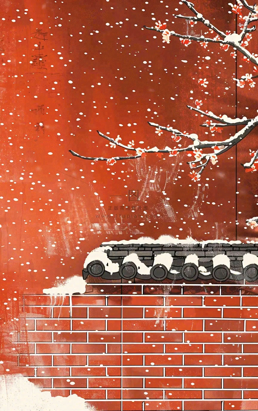 红色宫墙高处梅花枝条小雪大雪冬至古风中国风插画背景
