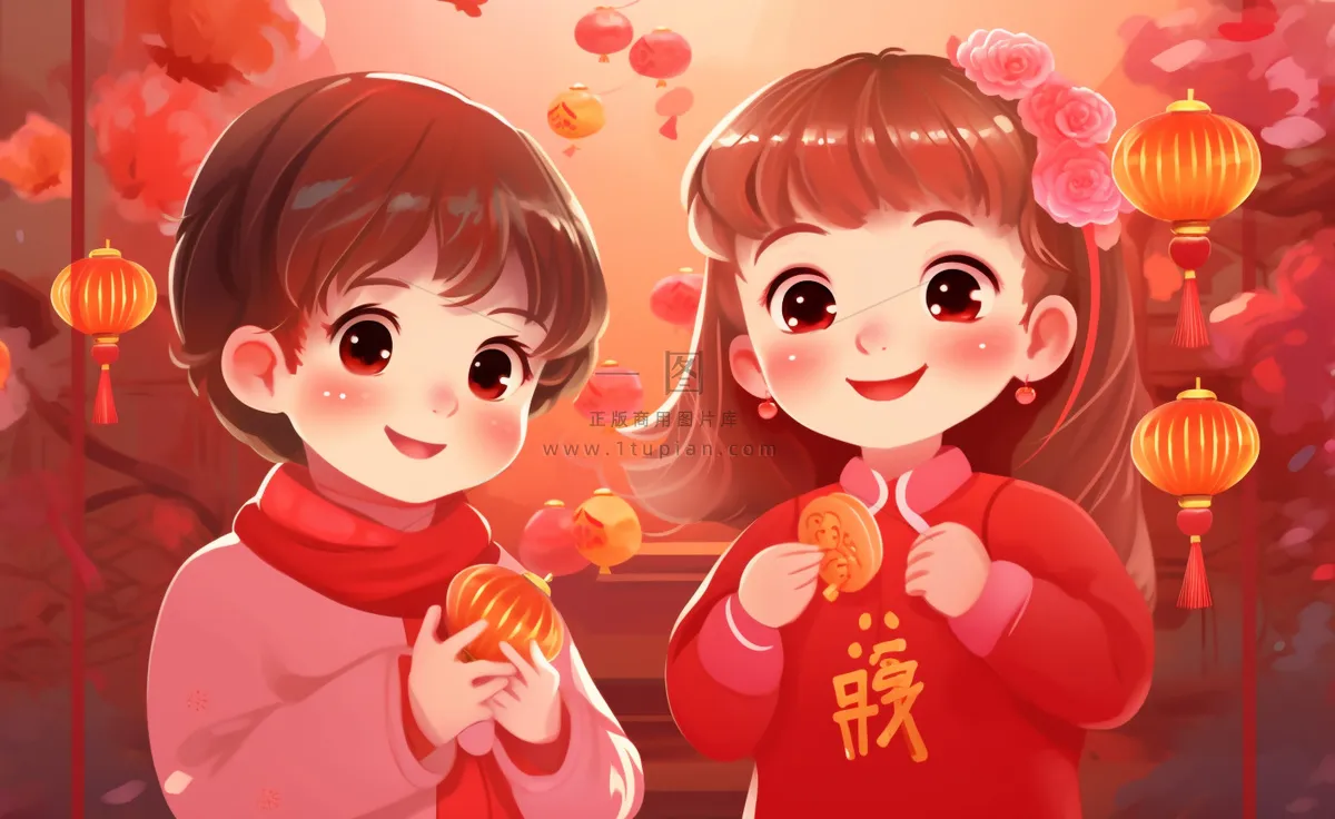 新年张灯结彩孩子们玩乐喜庆红色氛围庆祝卡通插画背景