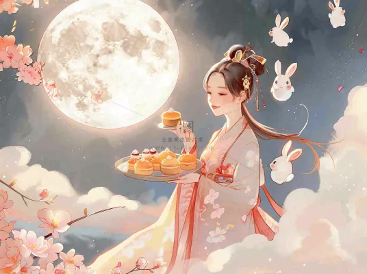 中秋节嫦娥玉兔月下嫦娥手捧月饼插图卡通唯美手绘可爱古风插画壁纸背景