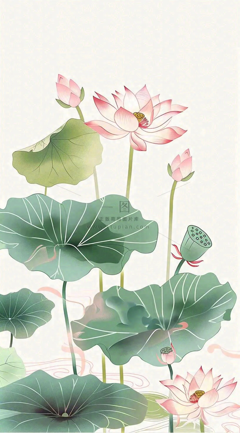 夏天荷花荷叶清凉小清新淡雅小暑大暑处暑插画背景