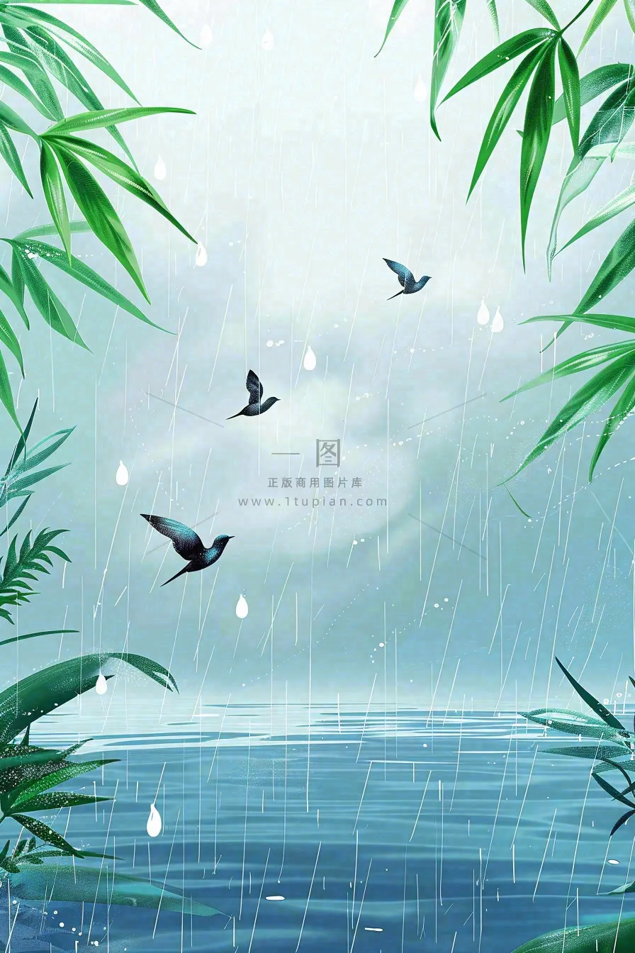 春天大雨磅礴绿叶植物燕子雨滴敲打水面雨水谷雨卡通插画背景