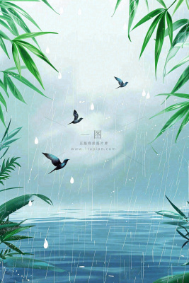 春天大雨磅礴绿叶植物燕子雨滴敲打水面雨水谷雨卡通插画背景 春天大雨磅礴绿叶植物燕子雨滴敲打水面雨水谷雨卡通插画背景