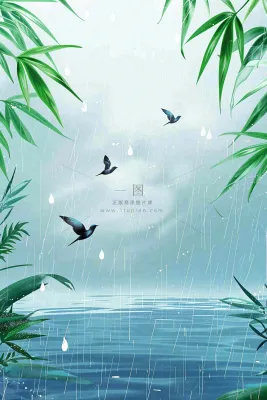 春天大雨磅礴绿叶植物燕子雨滴敲打水面雨水谷雨卡通插画背景 春天大雨磅礴绿叶植物燕子雨滴敲打水面雨水谷雨卡通插画背景