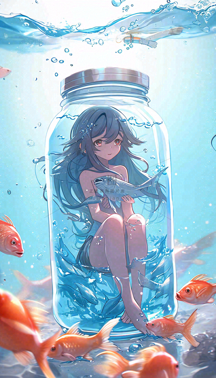 漫画少女海底瓶罐金鱼水面鱼类游泳插画手绘