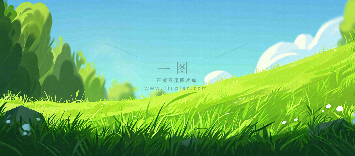 蓝天白云绿植草坪,小草树木清新,春天夏天阳光