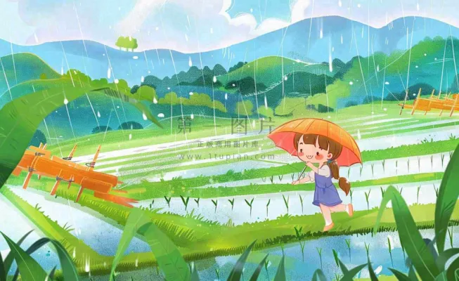 卡通女孩人物打雨伞春游踏青节气雨水谷雨春天春分绿色卡通插画背景 卡通女孩人物打雨伞春游踏青节气雨水谷雨春天春分绿色卡通插画背景