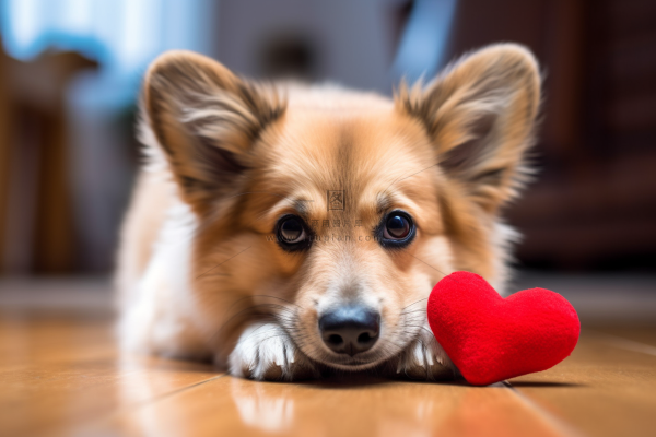 宠物狗柯基趴着木地板上面前还有红色爱心摄影图