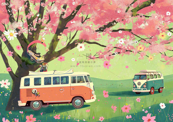 清新可爱春日郊游旅行房车粉绿蜡笔插画手绘草坪,惊蛰春分 清新可爱春日郊游旅行房车粉绿蜡笔插画手绘草坪,惊蛰春分