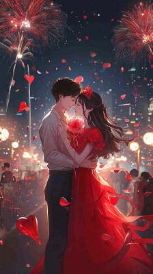 烟花中情侣在情人节的夜晚里拥抱亲吻,红色爱心气球爱情甜蜜 烟花中情侣在情人节的夜晚里拥抱亲吻,红色爱心气球爱情甜蜜