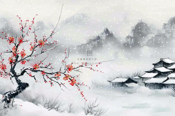 冬天山林里的小村庄红梅花白雪覆盖国风水墨画立冬冬至小雪大雪插画 冬天山林里的小村庄红梅花白雪覆盖国风水墨画立冬冬至小雪大雪插画