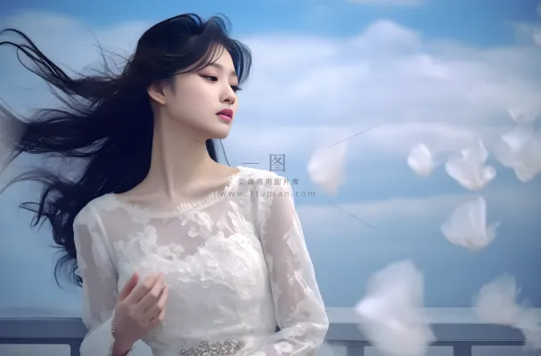 一个美女穿着一件漂亮的白色连衣裙在海边的拍照摄影图