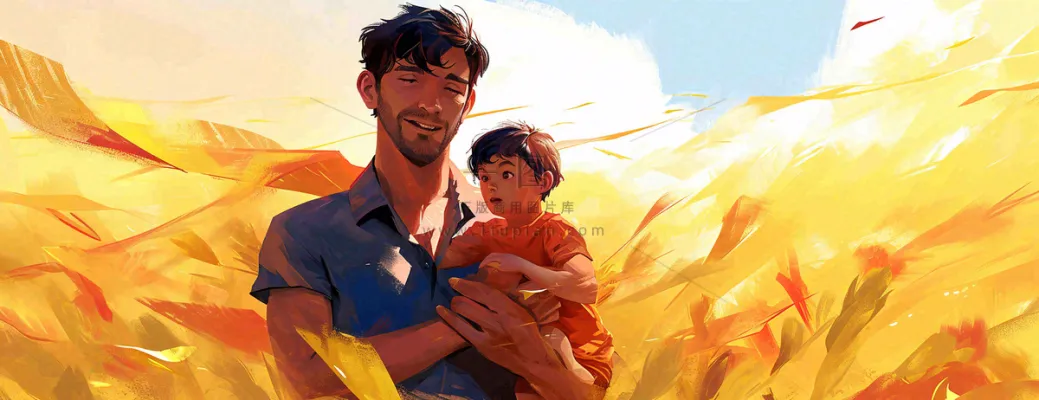 秋天麦田里的超人爸爸,父亲节父爱温馨,陪伴孩子插画 秋天麦田里的超人爸爸,父亲节父爱温馨,陪伴孩子插画