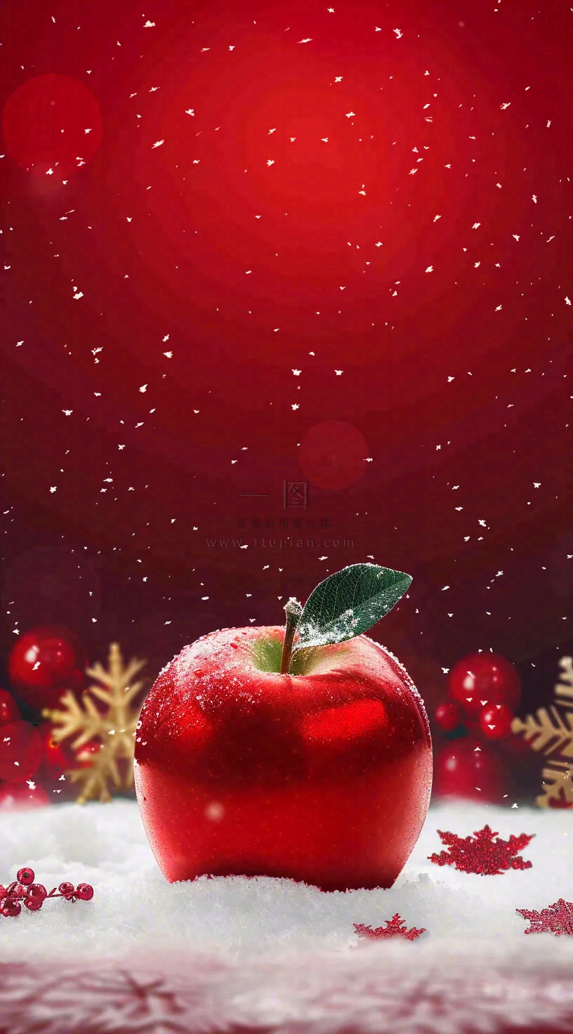 雪地里的红苹果雪花平安夜红色背景