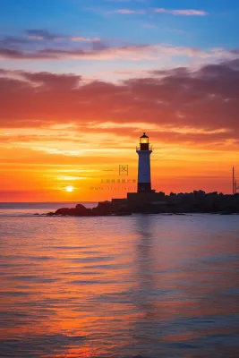 海边晚霞的灯塔日出夕阳摄影图