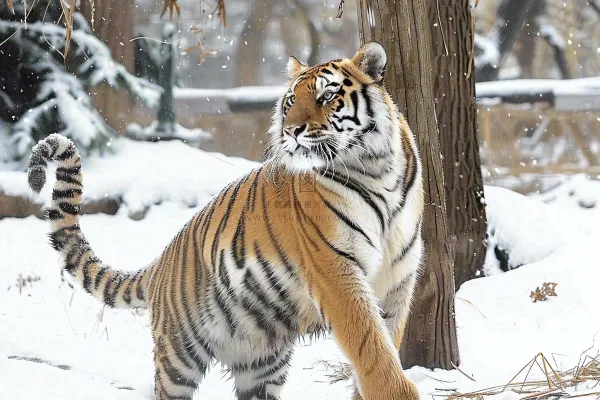 东北虎冬天雪地里嬉戏行走的老虎摄影图