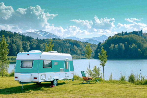 野外露营湖边停着一辆房车，野餐，春游摄影图