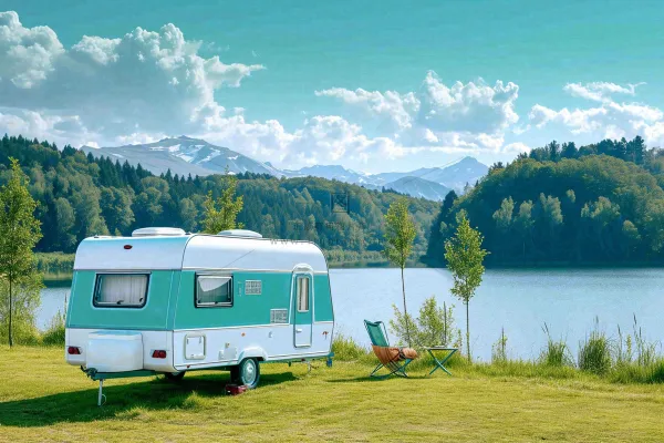 野外露营湖边停着一辆房车，野餐，春游摄影图