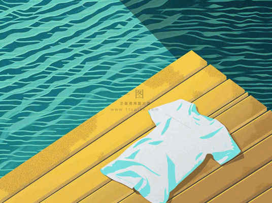 海边清爽扁平条纹插画手绘，海浪夏日