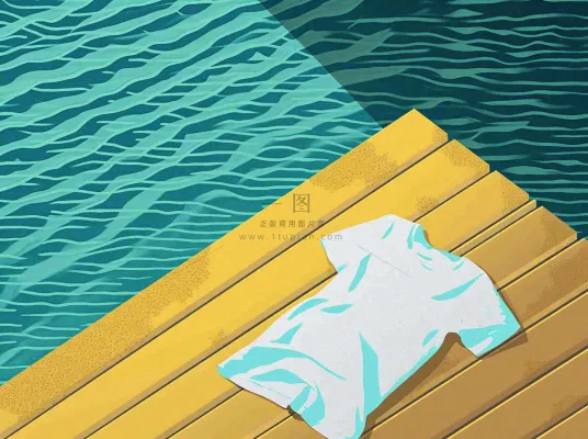 海边清爽扁平条纹插画手绘，海浪夏日