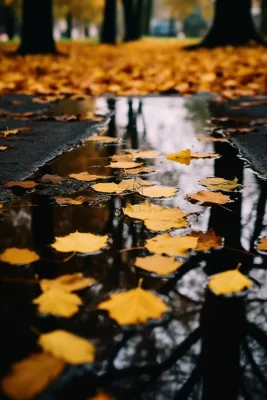 秋季雨天落叶在水坑道路摄影图
