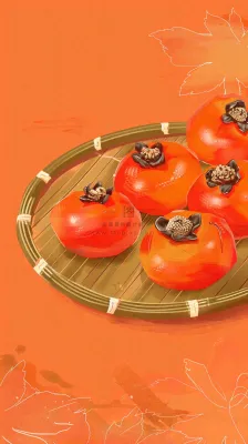 成熟的柿子水果红色背景插画霜降背景