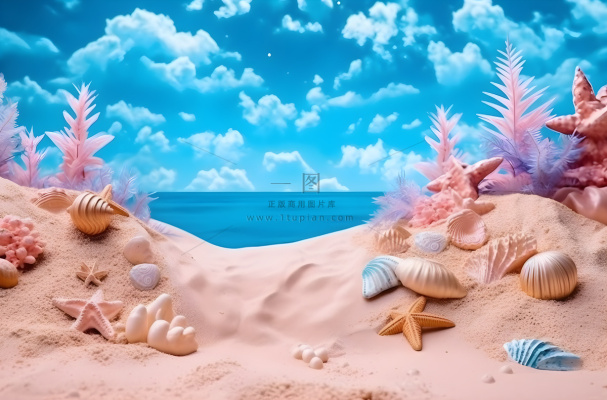蓝色热带海滩岛屿上的沙子、贝壳、星星、大海和天空的舞台背景